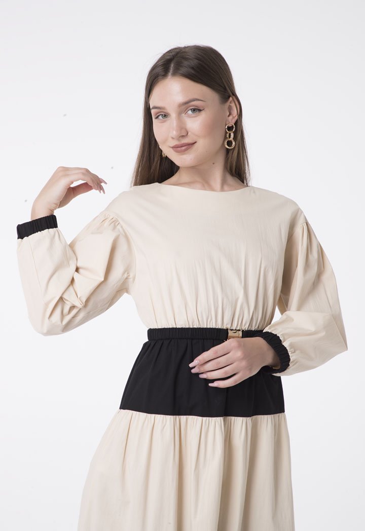 Nocturne Long Sleeve Belted Tiered A-Line Midi Dress Beige