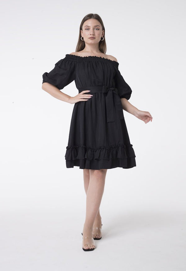 Nocturne Short Sleeve Off Shoulder Belted Layered Hem Short Dress Black