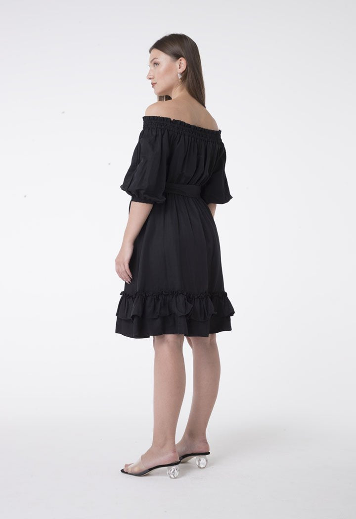 Nocturne Short Sleeve Off Shoulder Belted Layered Hem Short Dress Black