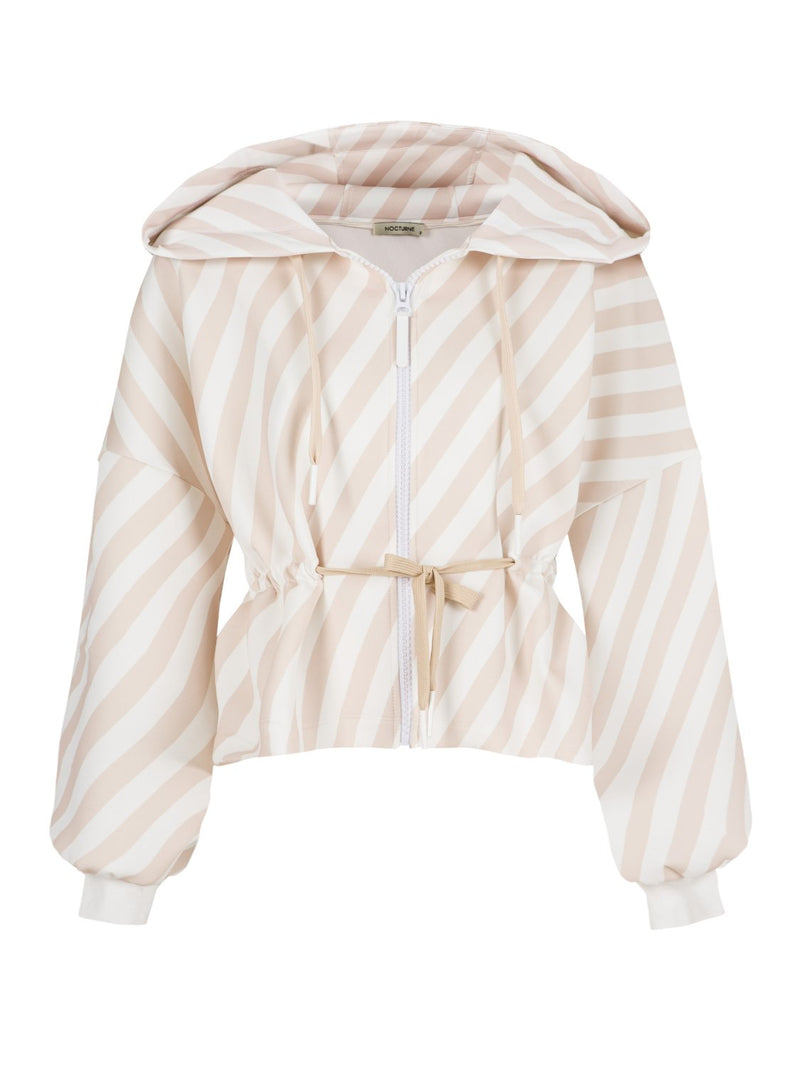 Nocturne Striped Balloon Sleeve Drawstring Waist Hoodie Jacket Beige