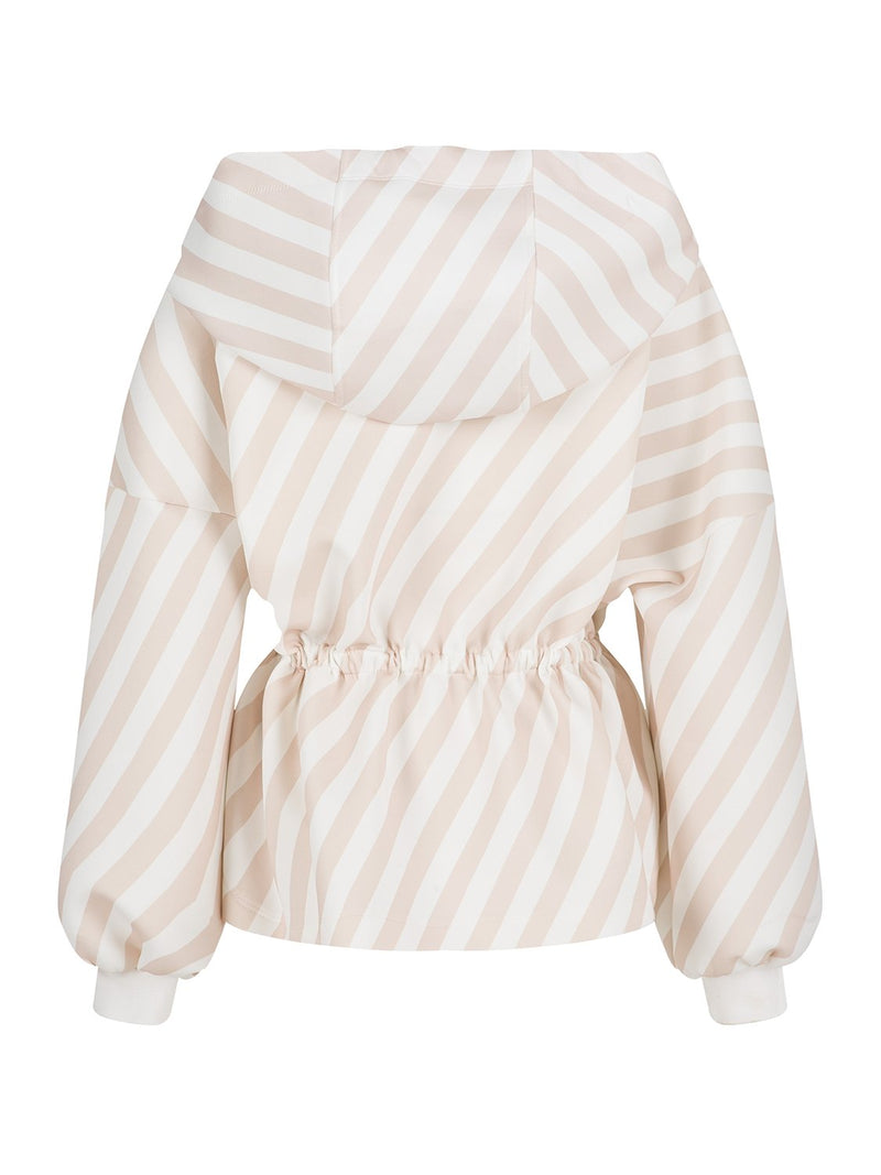 Nocturne Striped Balloon Sleeve Drawstring Waist Hoodie Jacket Beige