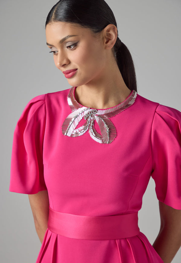 Choice Solid Puff Sleeves Crystal Dress Fuchsia