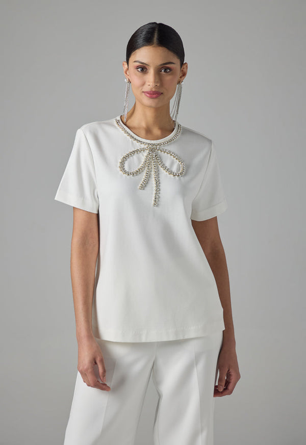 Choice Solid Crystal Embellished T-Shirt Off White