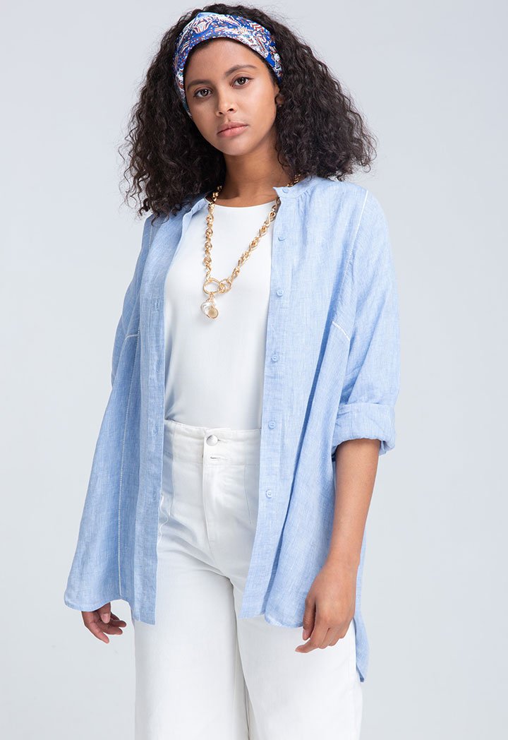 Choice Insertion Lace Melange Linen Shirt Blue