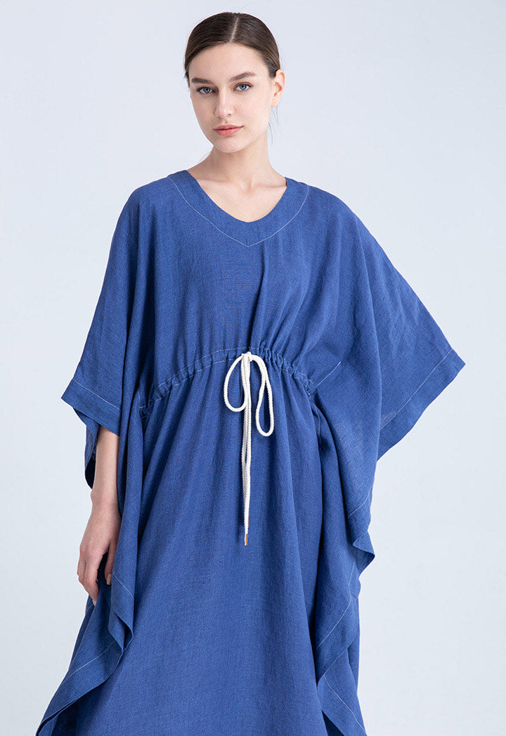 Choice Waist Drawstring Indigo Linen Kaftan Dress Indigo Blue
