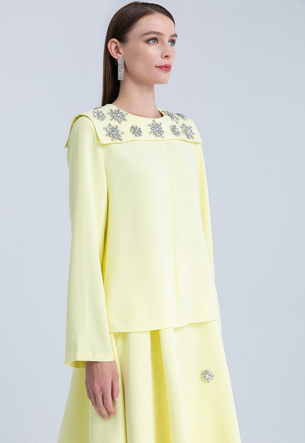 Choice Clear Crystal Embellished Long Sleeve Blouse Yellow