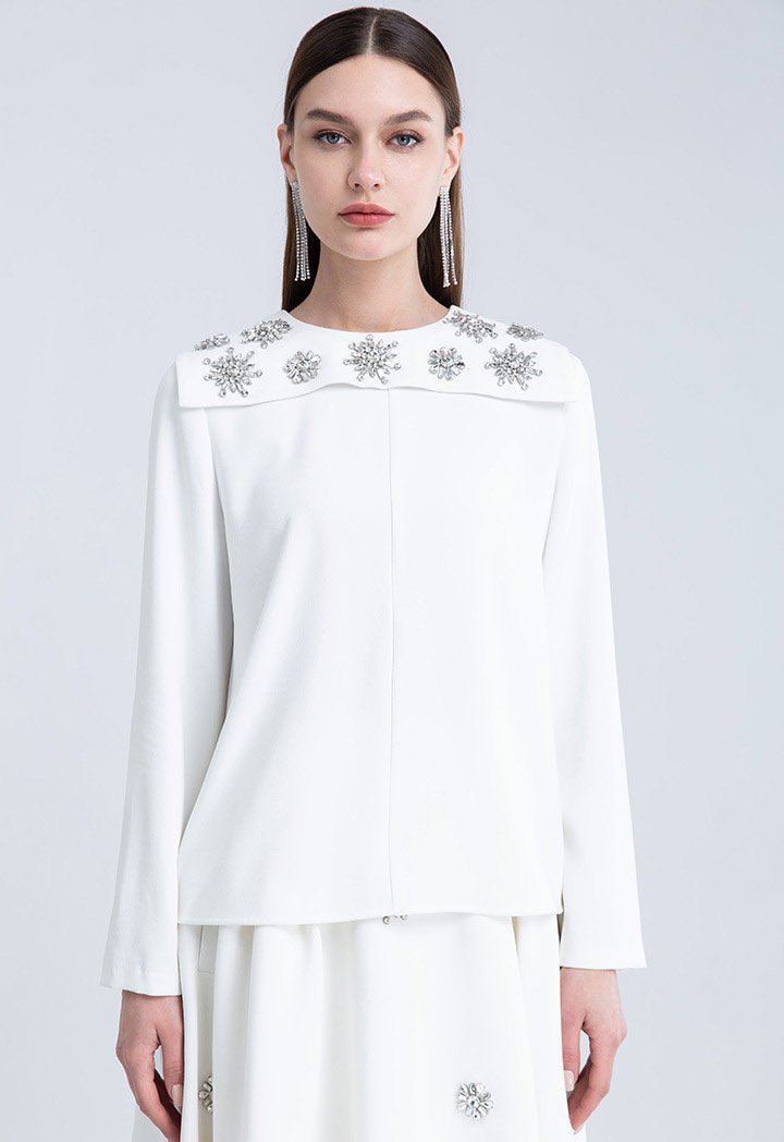 Choice Clear Crystal Embellished Long Sleeve Blouse Off White