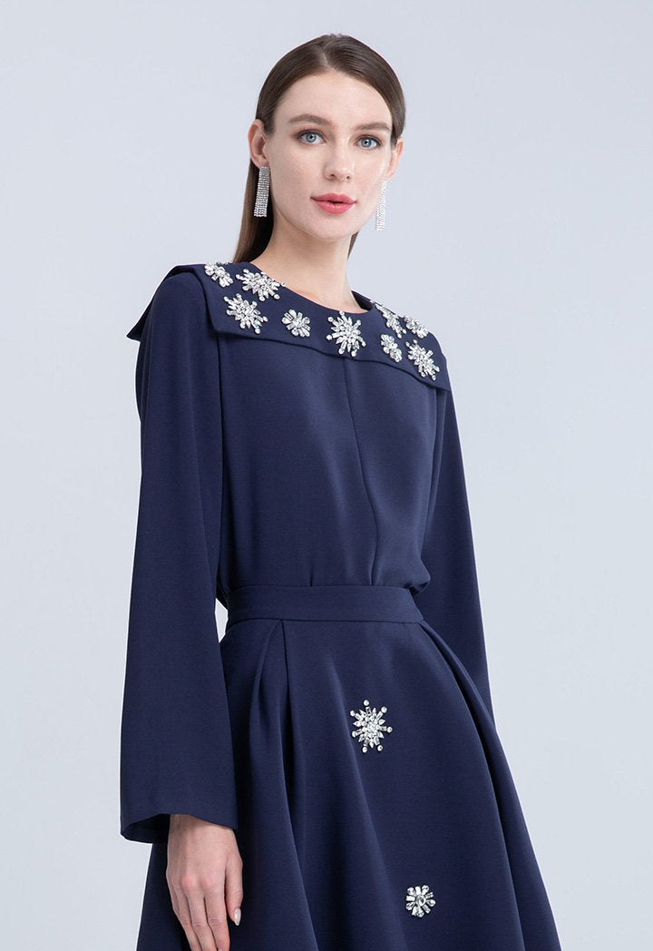 Choice Clear Crystal Embellished Long Sleeve Blouse Navy