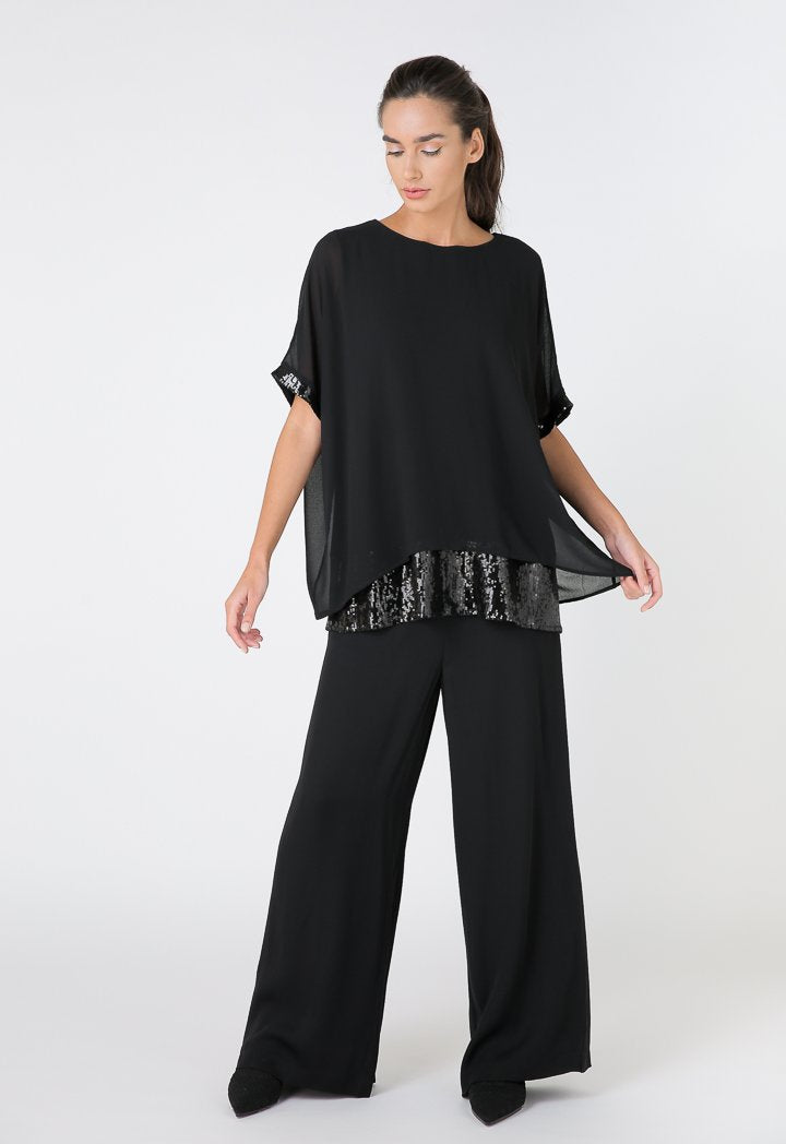 Choice Crepe Georgette Layered Sequins Blouse Black