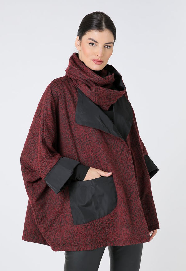 Choice Oversized Combi Outerwear With Circular Scarf Maroon