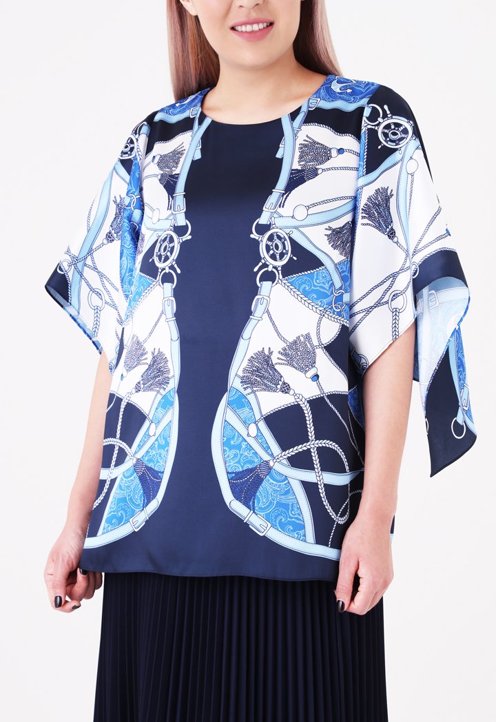 Choice Printed Butterfly Sleeve Blouse Navy