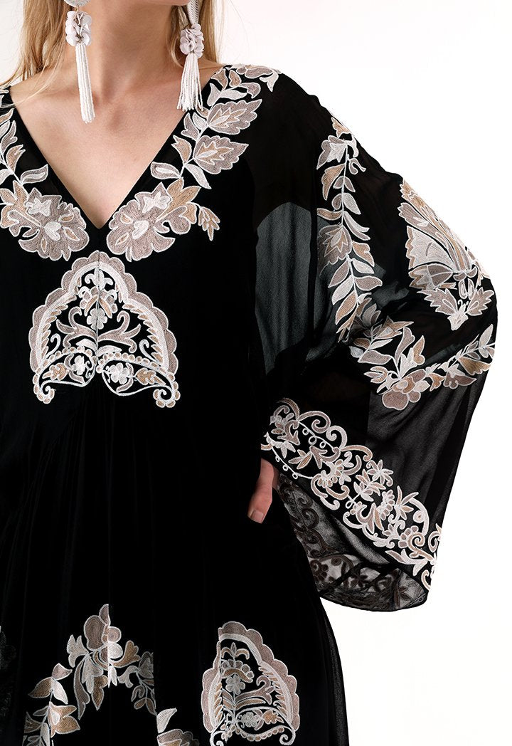 Choice Embroidered Kaftan Midi Dress Black - Wardrobe Fashion