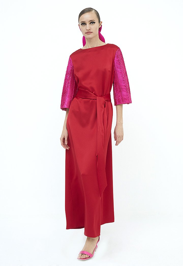 Choice Dual Fabric Long Dress Red - Wardrobe Fashion