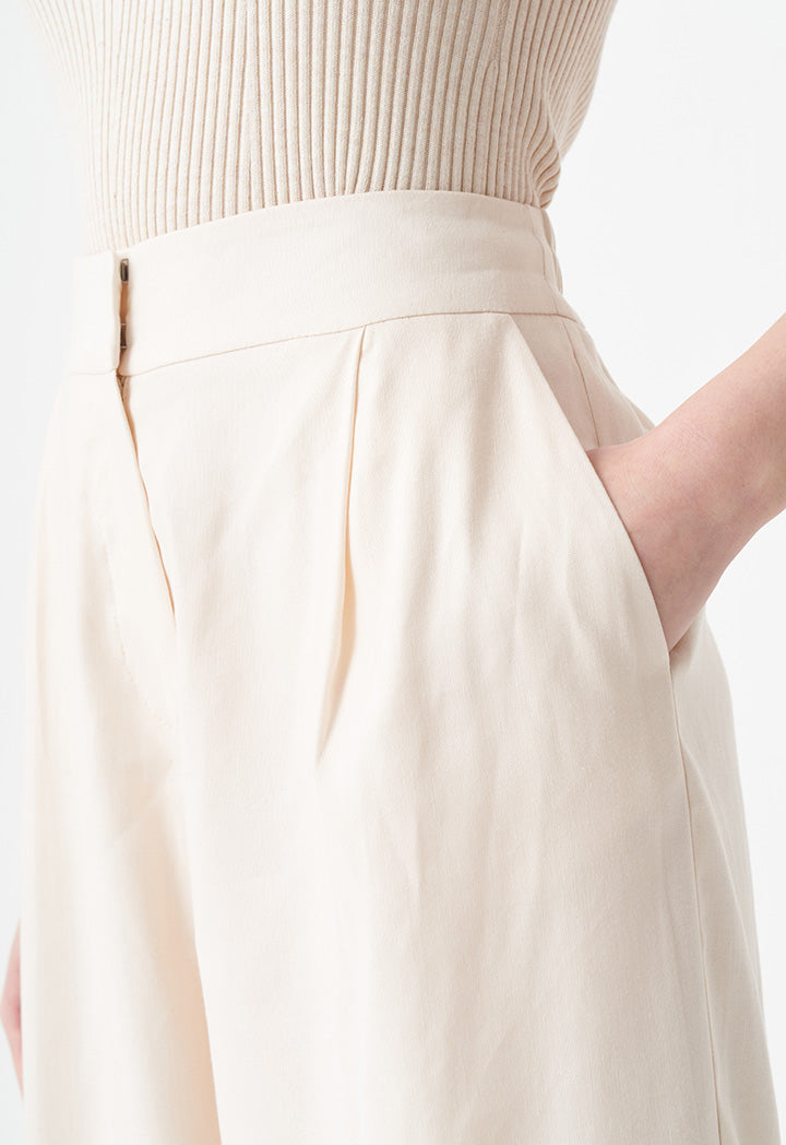 Choice Solid Wide Legs Pleated Culottes Cream