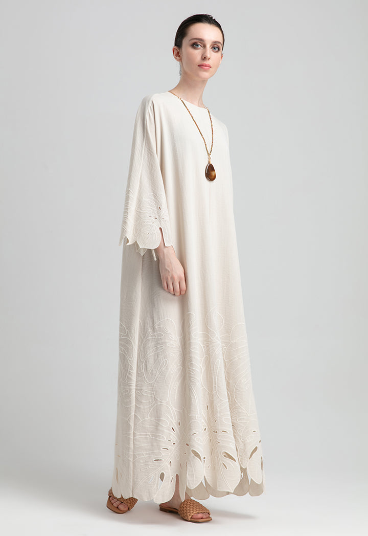 Choice Linen Cutout Hem Sleeve Embroidered Dress Beige