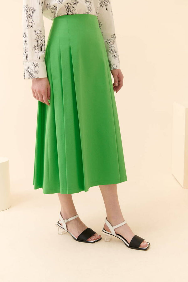 Roman Solid Pleated Midi Skirt Green