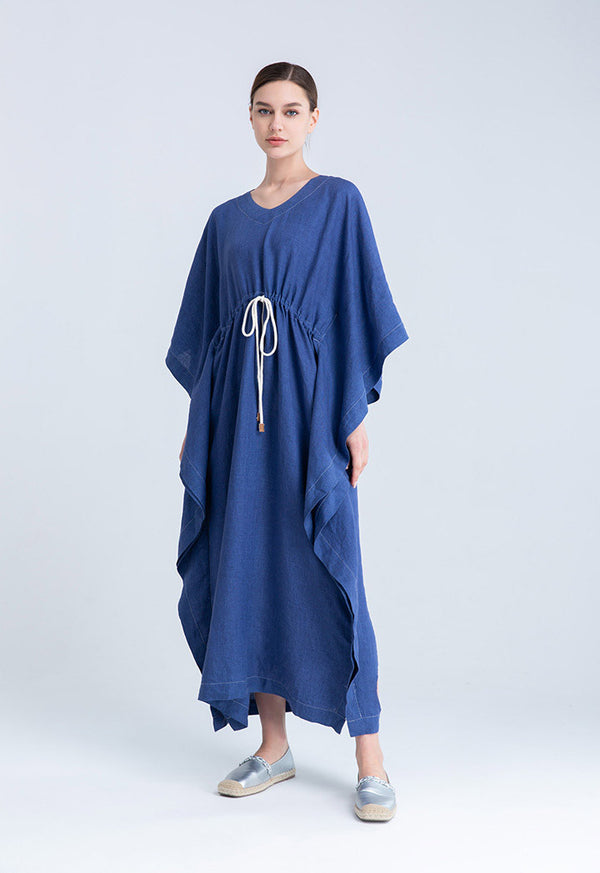 Choice Waist Drawstring Indigo Linen Kaftan Dress Indigo Blue