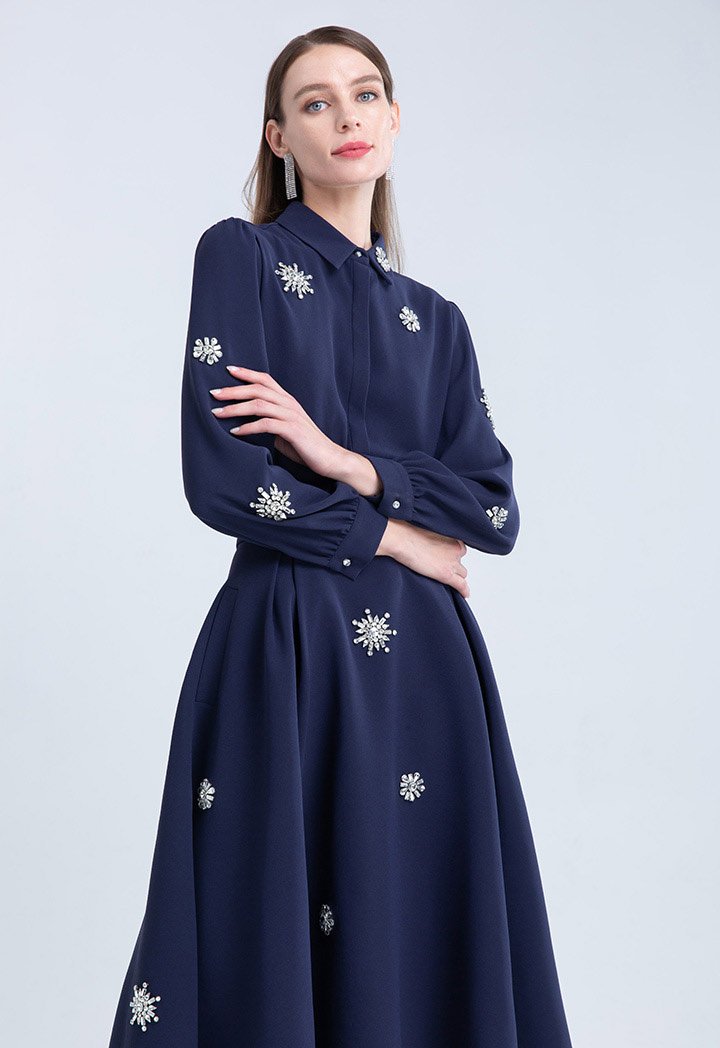 Choice Clear Crystal Embellished Long Sleeve Shirt Navy