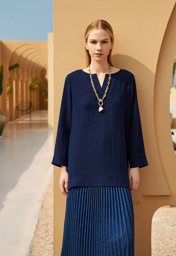 Choice Tunic Solid Overlapping V-Neck Blouse Navy
