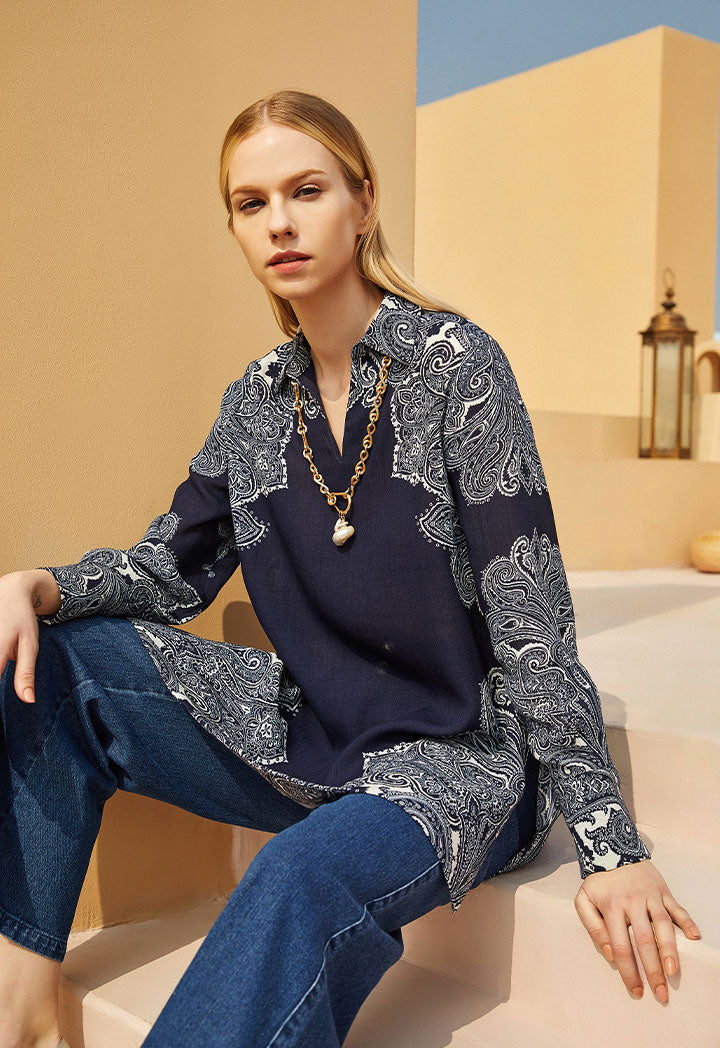 Choice Tunic Paisley Placement Print Blouse Navy