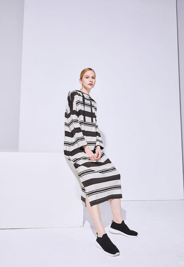 Choice Striped Midi Hoodie Dress Black-White