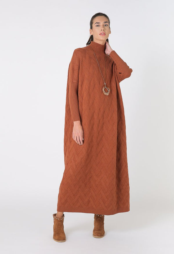 Choice Long Sleeve High Neck Dress Terracotta