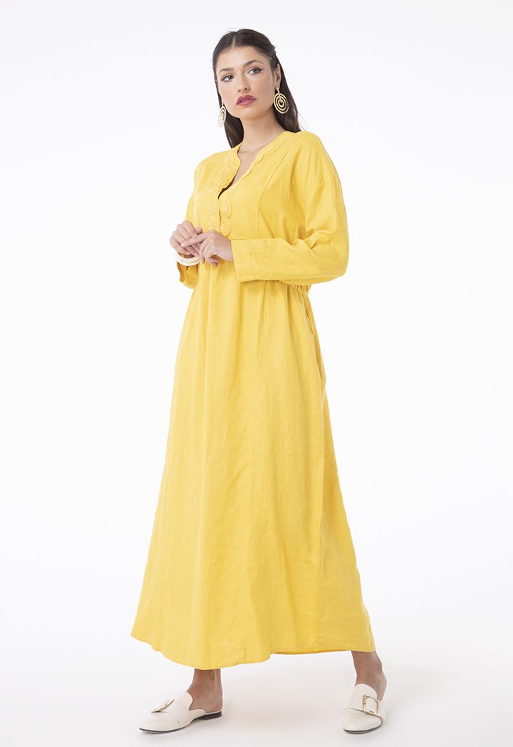 Choice Linen Lace Shirred Waist Dress Yellow