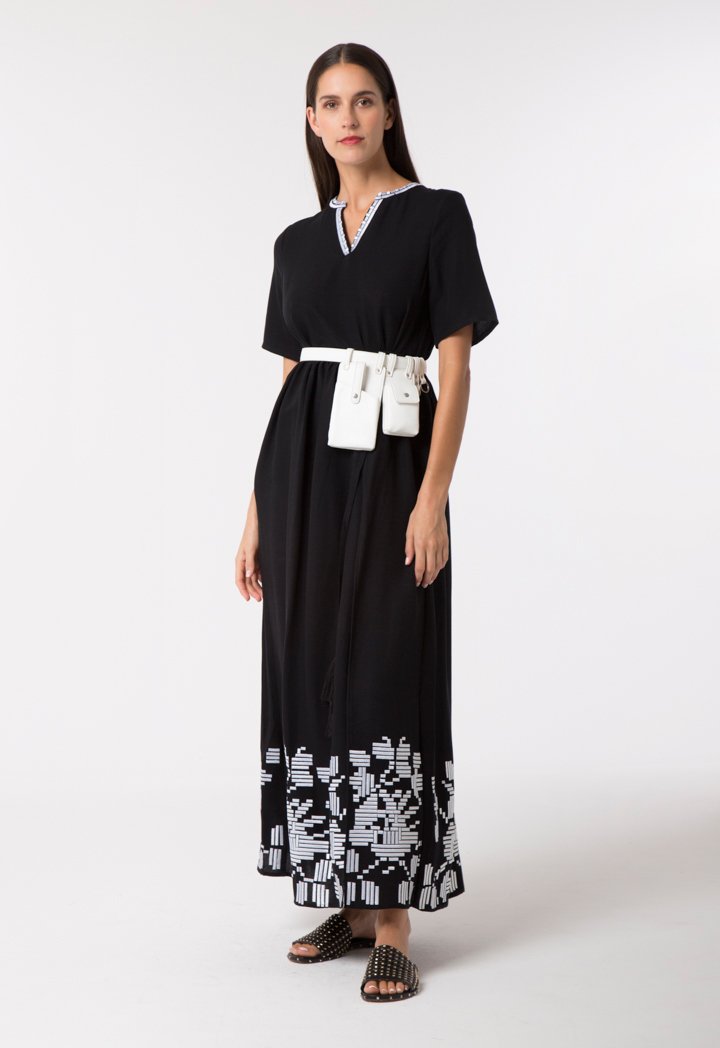 Choice Overlay Ethnic Embroidered Dress Black