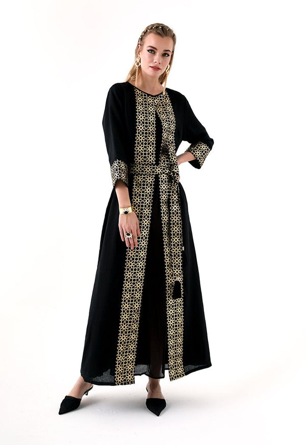 Choice Geometric Gold Print Abaya  Black - Wardrobe Fashion