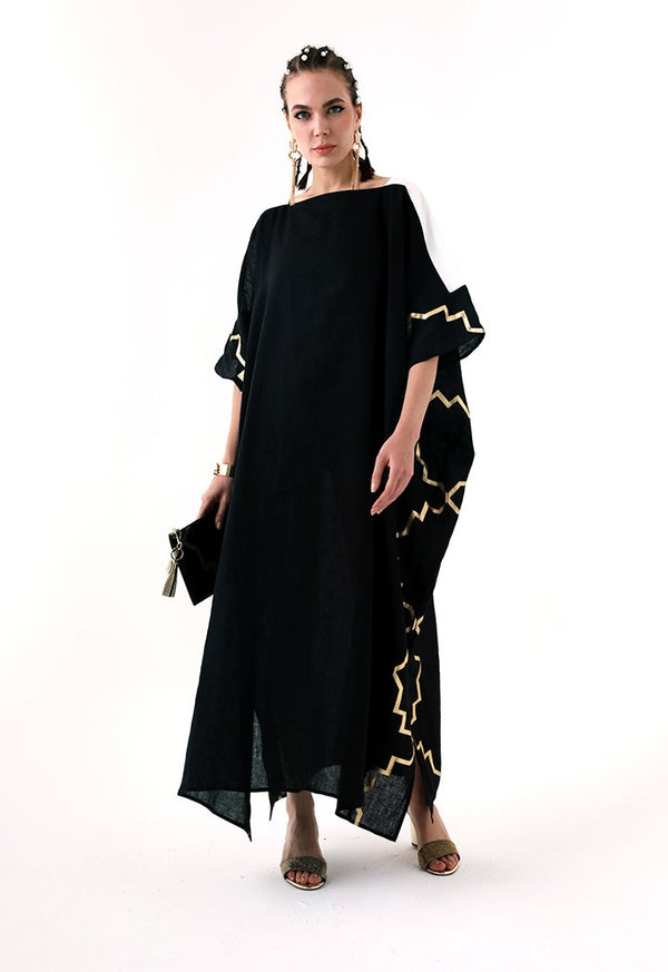 Choice Printed Side Detail Abaya Dress Black - Wardrobe Fashion