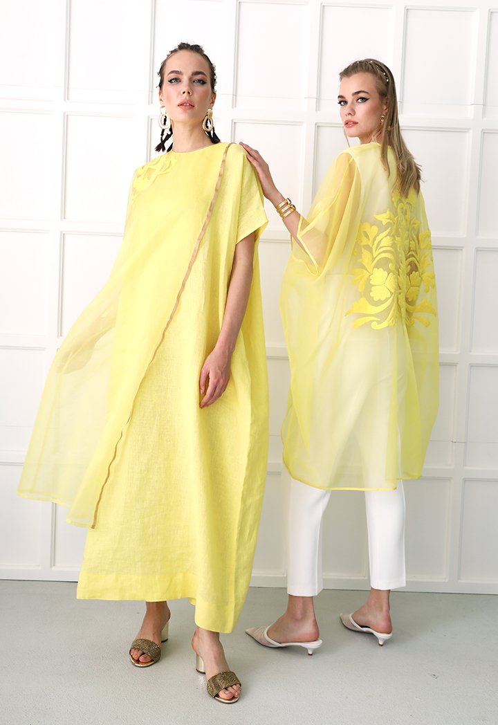 Choice Chiffon Overlay Kaftan Dress Yellow