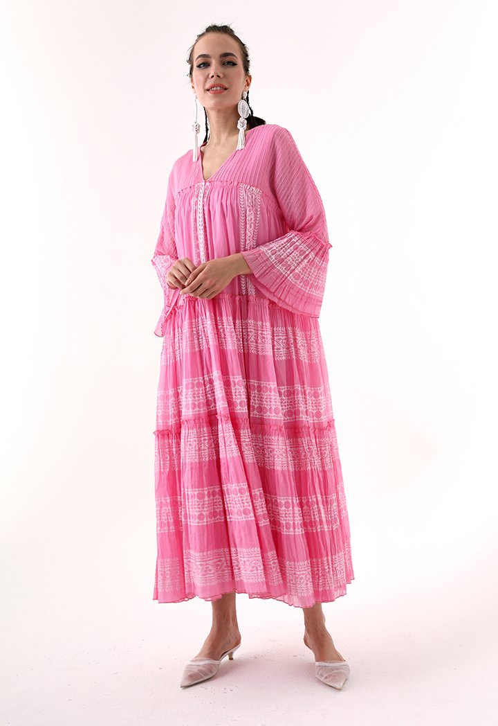 Choice Printed V-Neck Tiered Dress Pink - Wardrobe Fashion