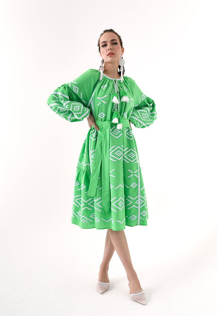 Choice Embroidered Linen Midi Dress Green - Wardrobe Fashion