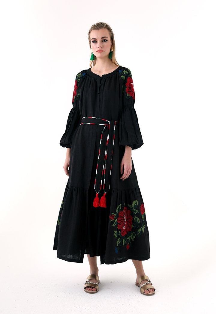 Choice Embroidered Linen Maxi Dress Black