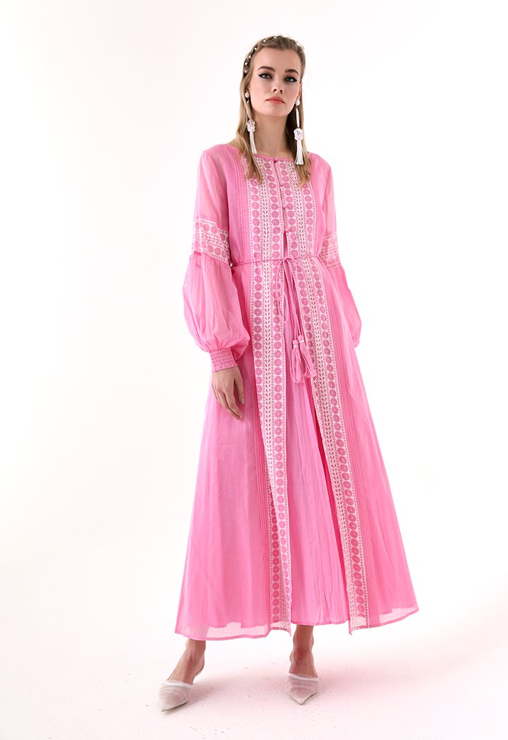 Choice Printed Beadwork Abaya Pink - Wardrobe Fashion