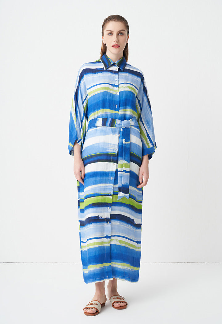 Choice Printed Belted Maxi Shirt Dress  Blue