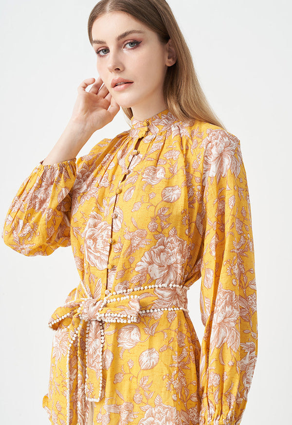 Choice Printed Shirt With Belt Yellow Print