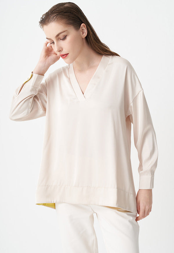 Choice Two-Toned V-Neck Blouse Cream