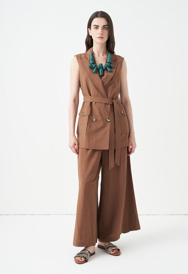 Choice Wide Leg Solid Trousers Brown