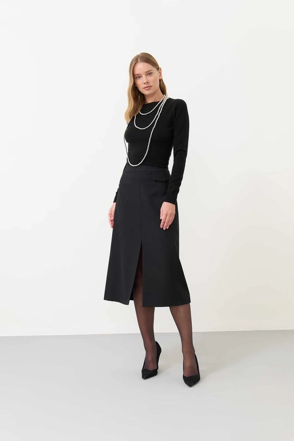 Roman Slit Midi Length Wool Skirt  Black