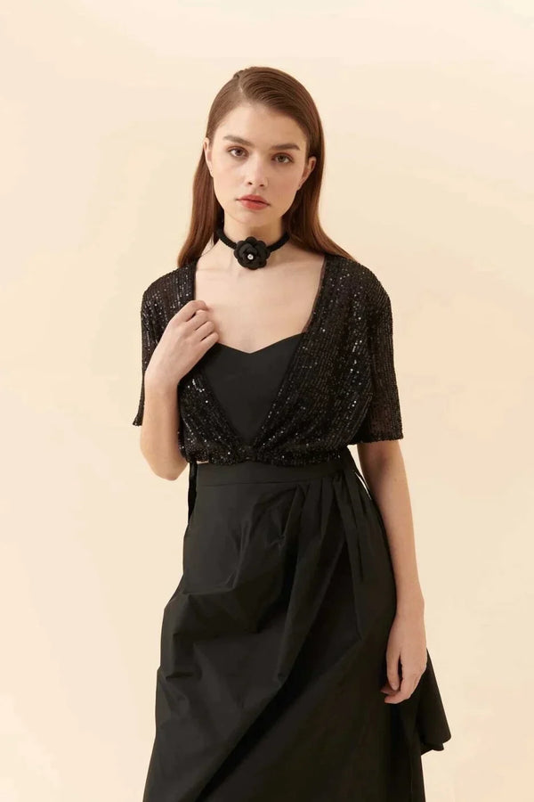 Roman Sequin-Embellished Tie Detail Top Black