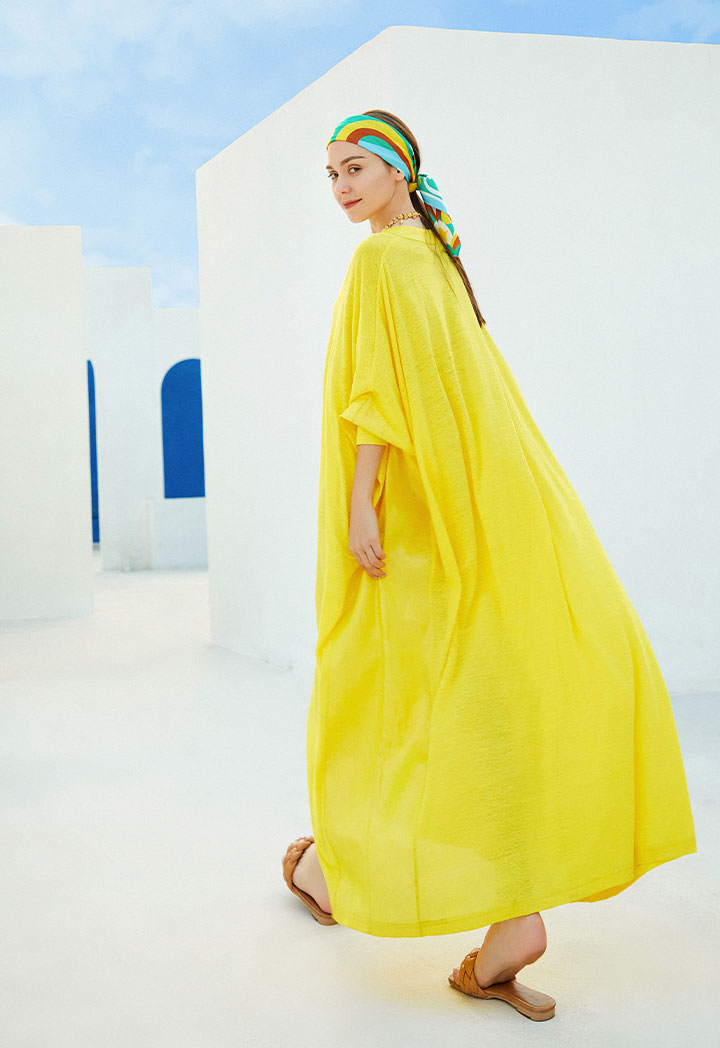 Choice Shiny Linen Slub Jersey Kaftan Dress (Free Size) Yellow