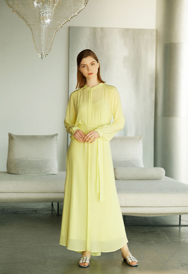 Choice Long Sleeve Belted Dress Yellow