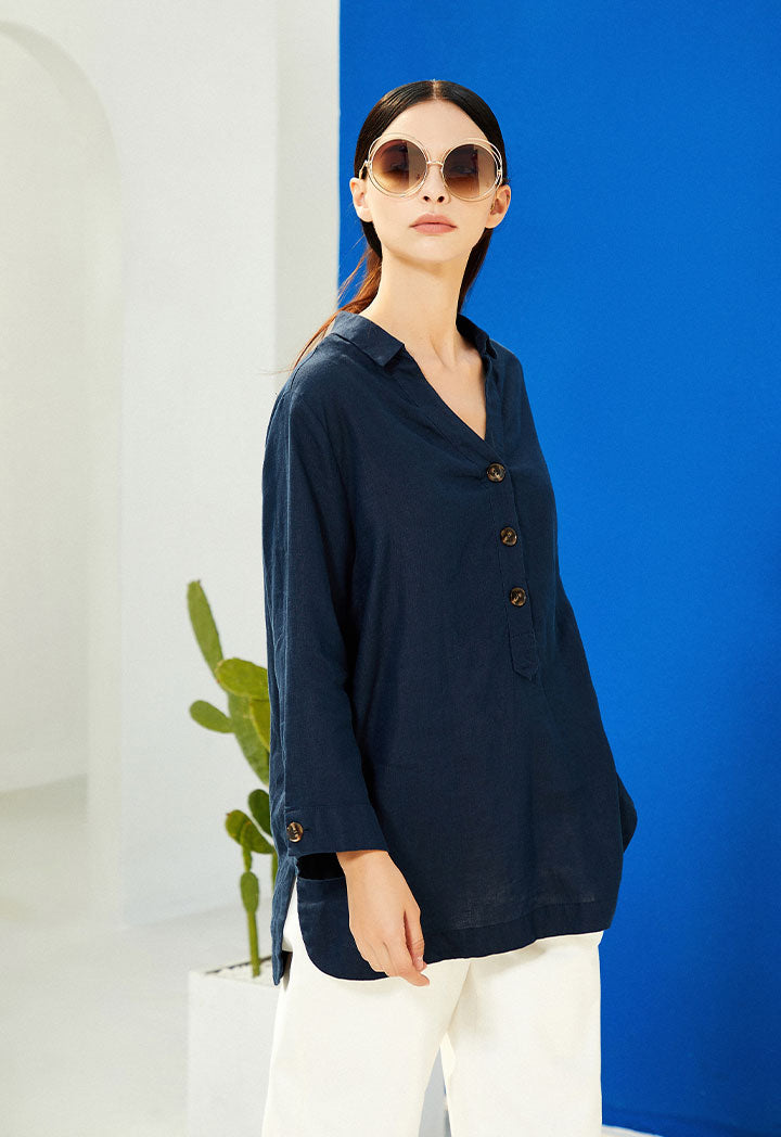 Choice Big Buttons Dropped Shoulder Blouse Navy