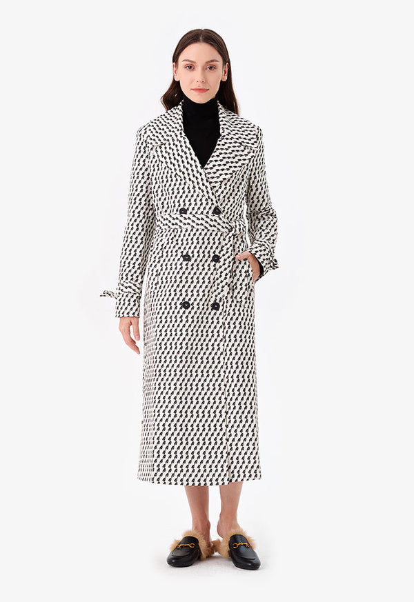 Choice Patterned Trench Coat With Belt Black