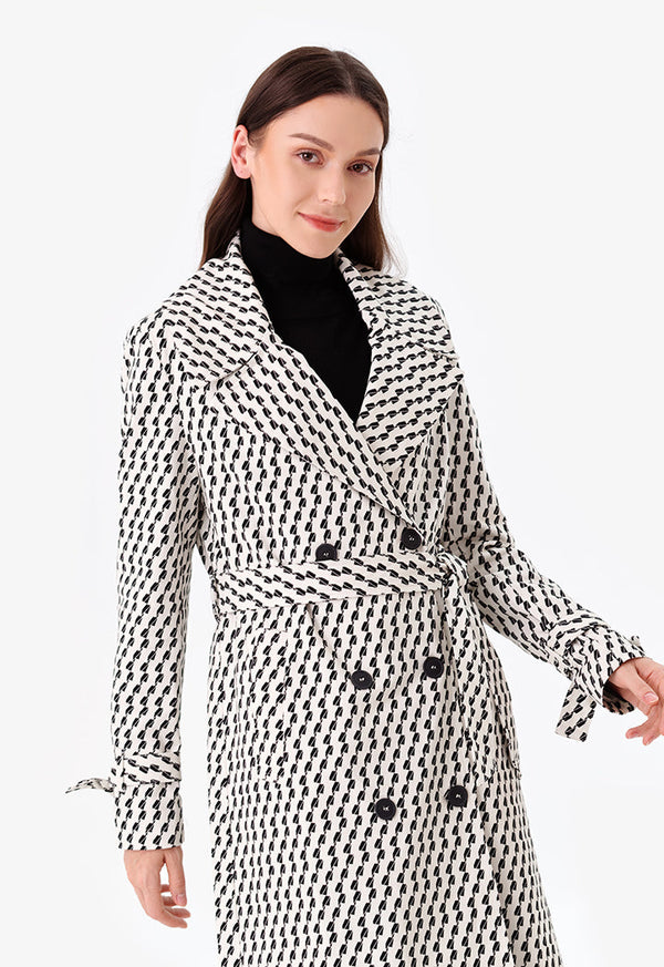 Choice Patterned Trench Coat With Belt Black