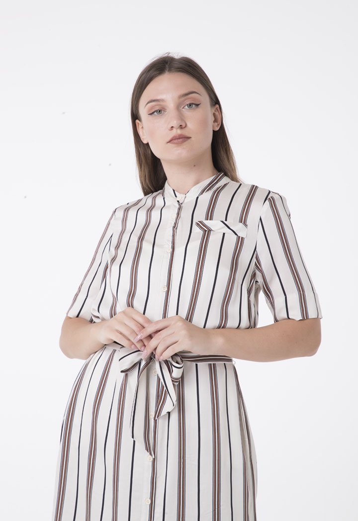 Apanage Striped Short Sleeve Belted Midi Dress Multi Color