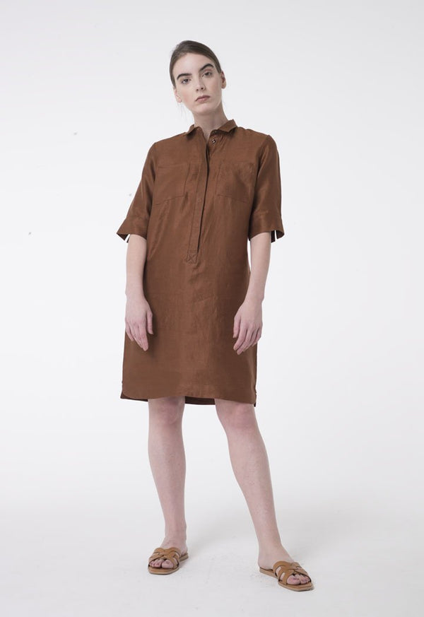 Apanage Linen Double Pocket Long Sleeve Shift Shirt Dress Brown