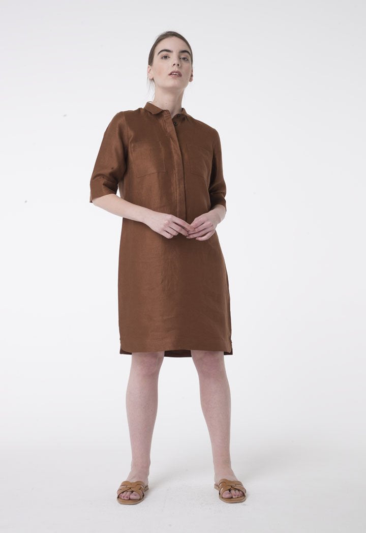 Apanage Linen Double Pocket Long Sleeve Shift Shirt Dress Brown