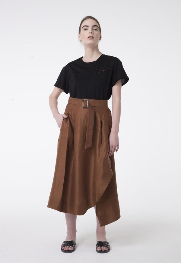 Apanage Linen Overlap Belted A-Line Skirt Brown